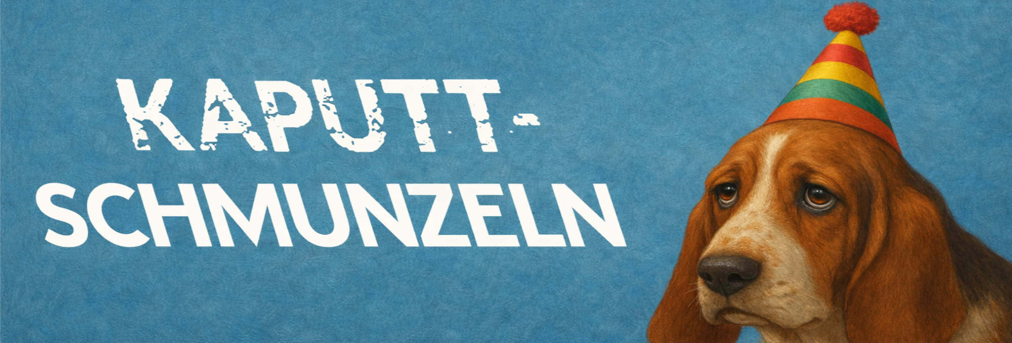 Kaputtschmunzeln Logo und Basset mit lustigem Hütchen