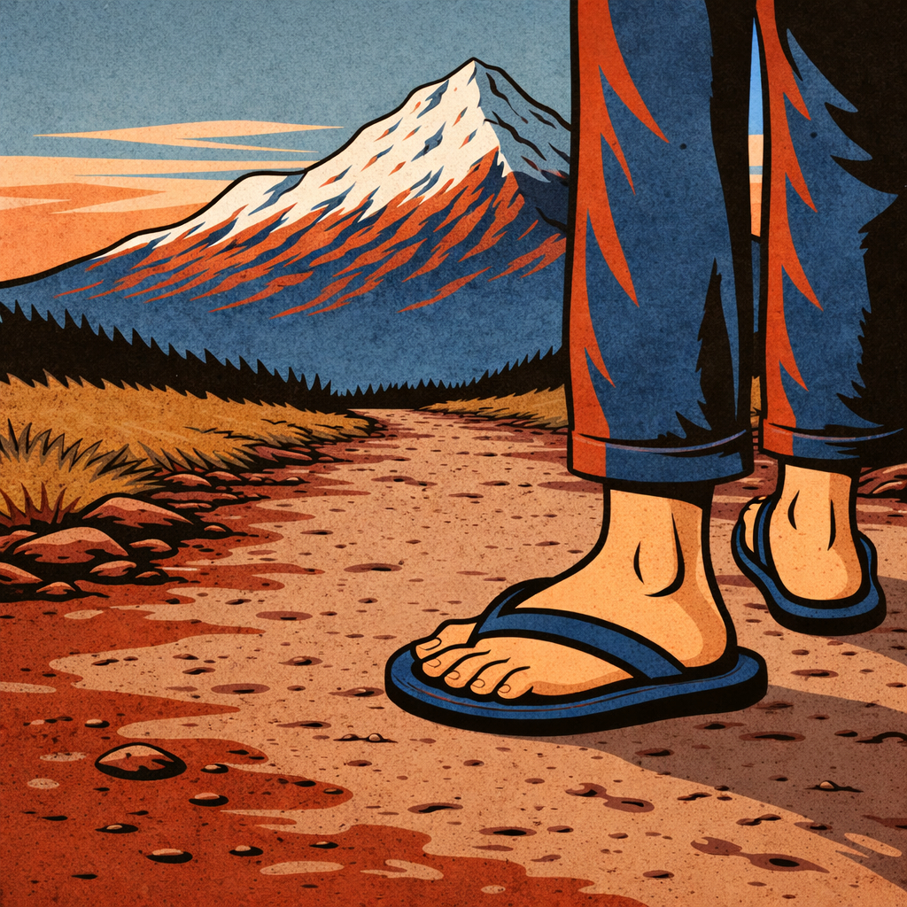 Ein Berg und ein Paar Beine in Flipflops