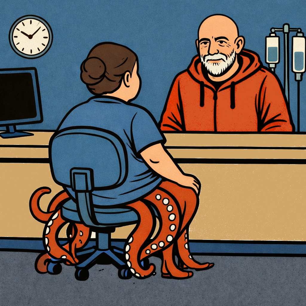 Ein Patient am Empfang im Krankenhaus. Die empfangende Schwester hat Tentakel statt Beine.