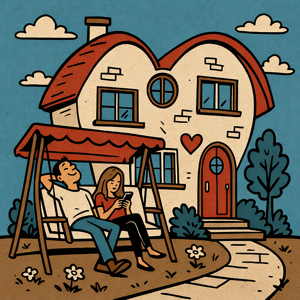 Vor einem herzförmigen Haus sitzt ein Paar auf einer Hollywoodschaukel.