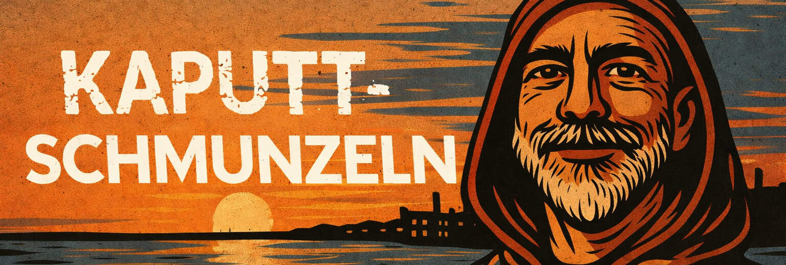 Kaputtschmunzeln Logo und Ulrich Müller vor Sonnenuntergang