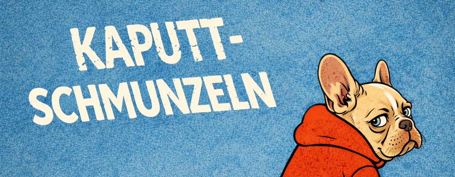 Kaputtschmunzeln Logo und französische Dogge im Hoodie