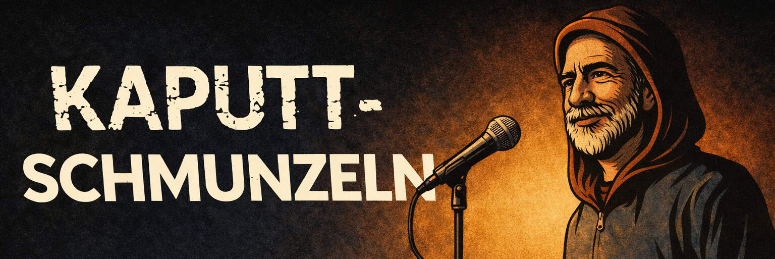 Kaputtschmunzeln Logo und Ulrich Müller auf Lesebühne