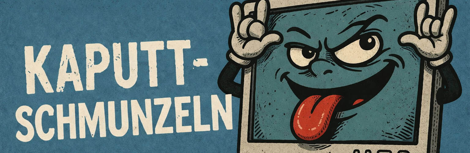 Kaputtschmunzeln Logo und Monitor, der die Zunge raussteckt.