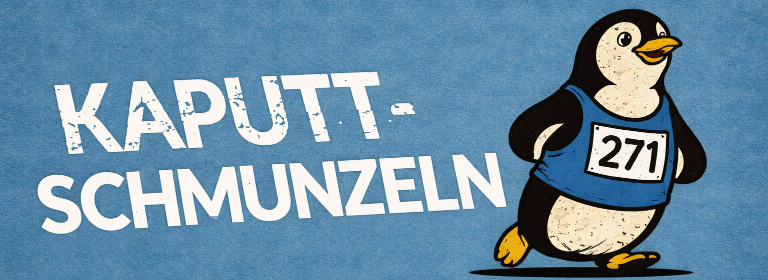 Kaputtschmunzeln Logo und Pinguin beim Berlin-Marathon