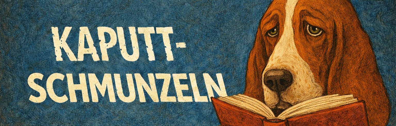 Kaputtschmunzeln Logo und ein Basset, der ein Buch liest.