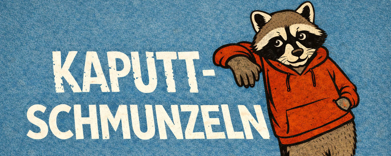 Kaputtschmunzeln Logo udn ein waschbär im Hoodie, der lässig daran lehnt.