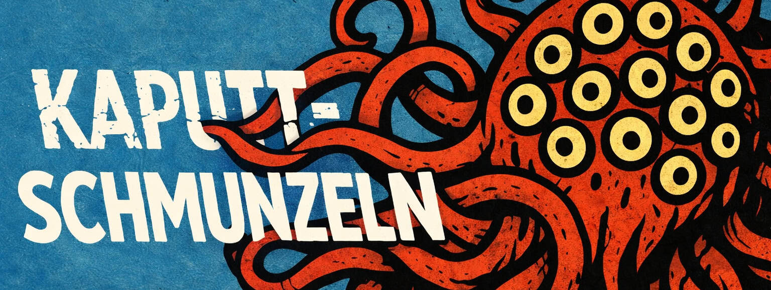Kaputtschmunzeln Logo und ein Monster mit vielen Fangarmen und Augen