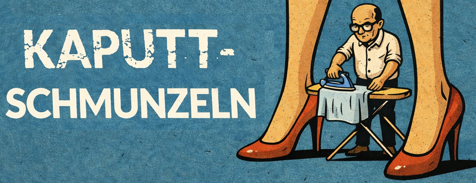 Kaputtschmunzeln Logo mit bügelndem Mann zwischen Frauenbeinen