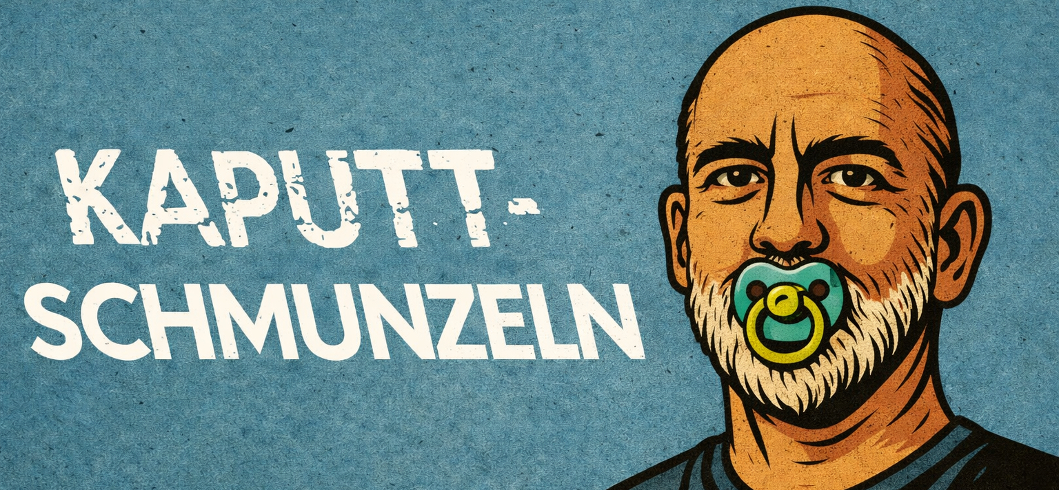 Kaputtschmunzeln Logo und Erwachsener mit Schnuller