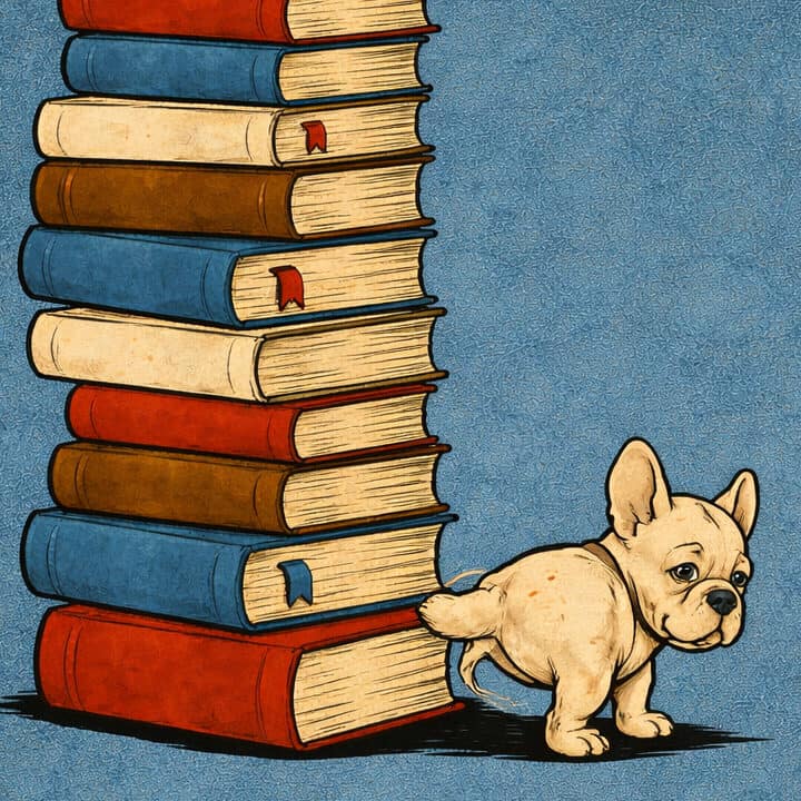 Ein Bücherstapel. Eine Französische Dogge pinkelt dagegen.